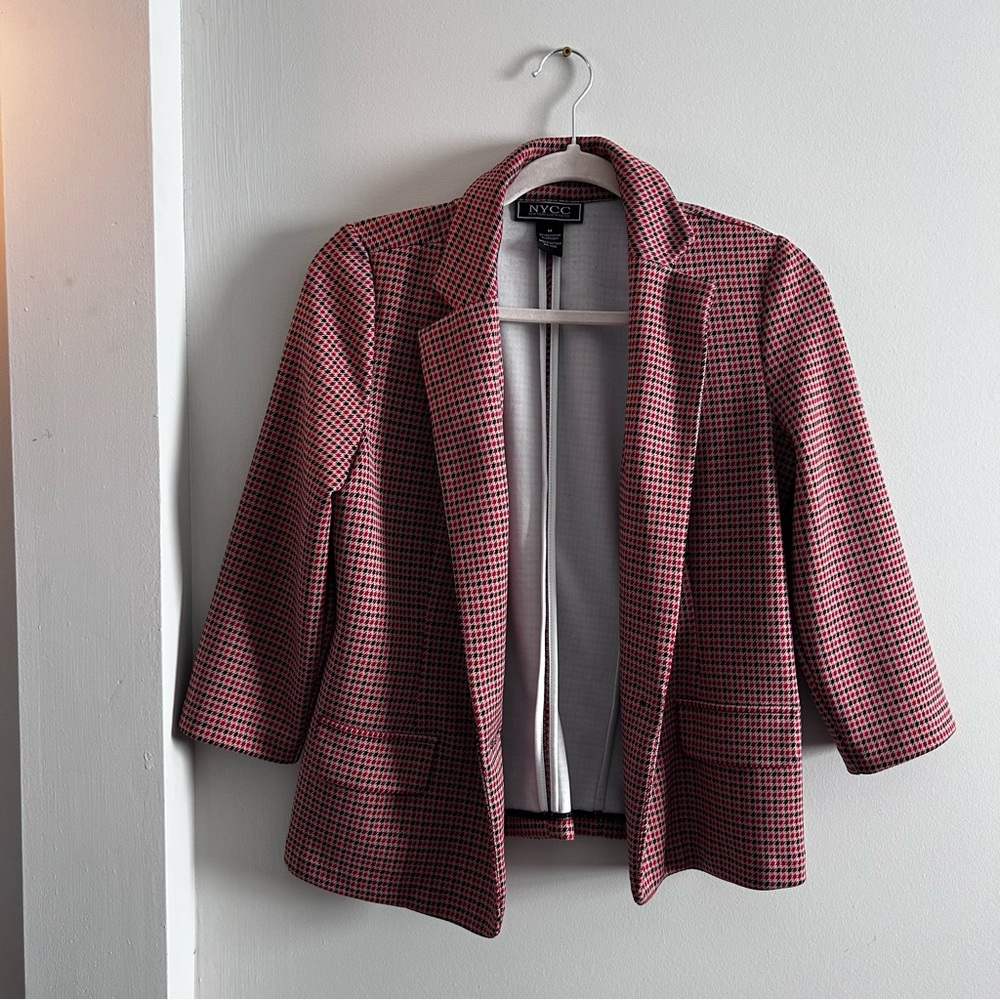 NYCC Houndstooth Blazer Jacket Red Black Sz M Preppy Quiet Luxury Academia